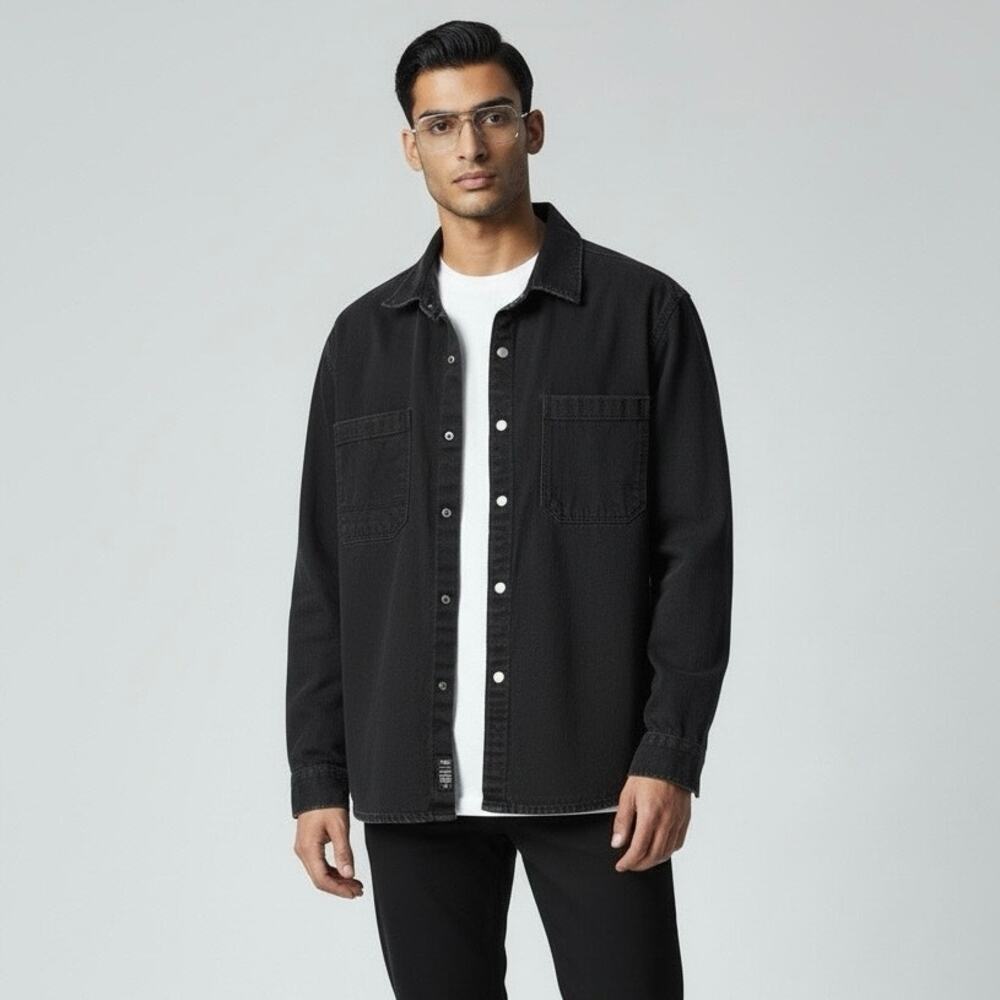 Mavi Men’s Western Casual Black Denim Snap Button Shirt XL
